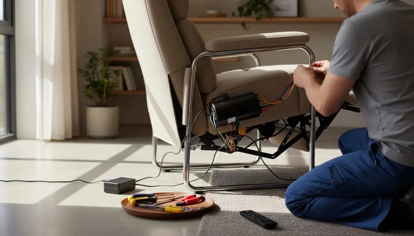 Elektrisk lænestol med åben bund og værktøj, mens en tekniker arbejder på motoren i en lys stue.