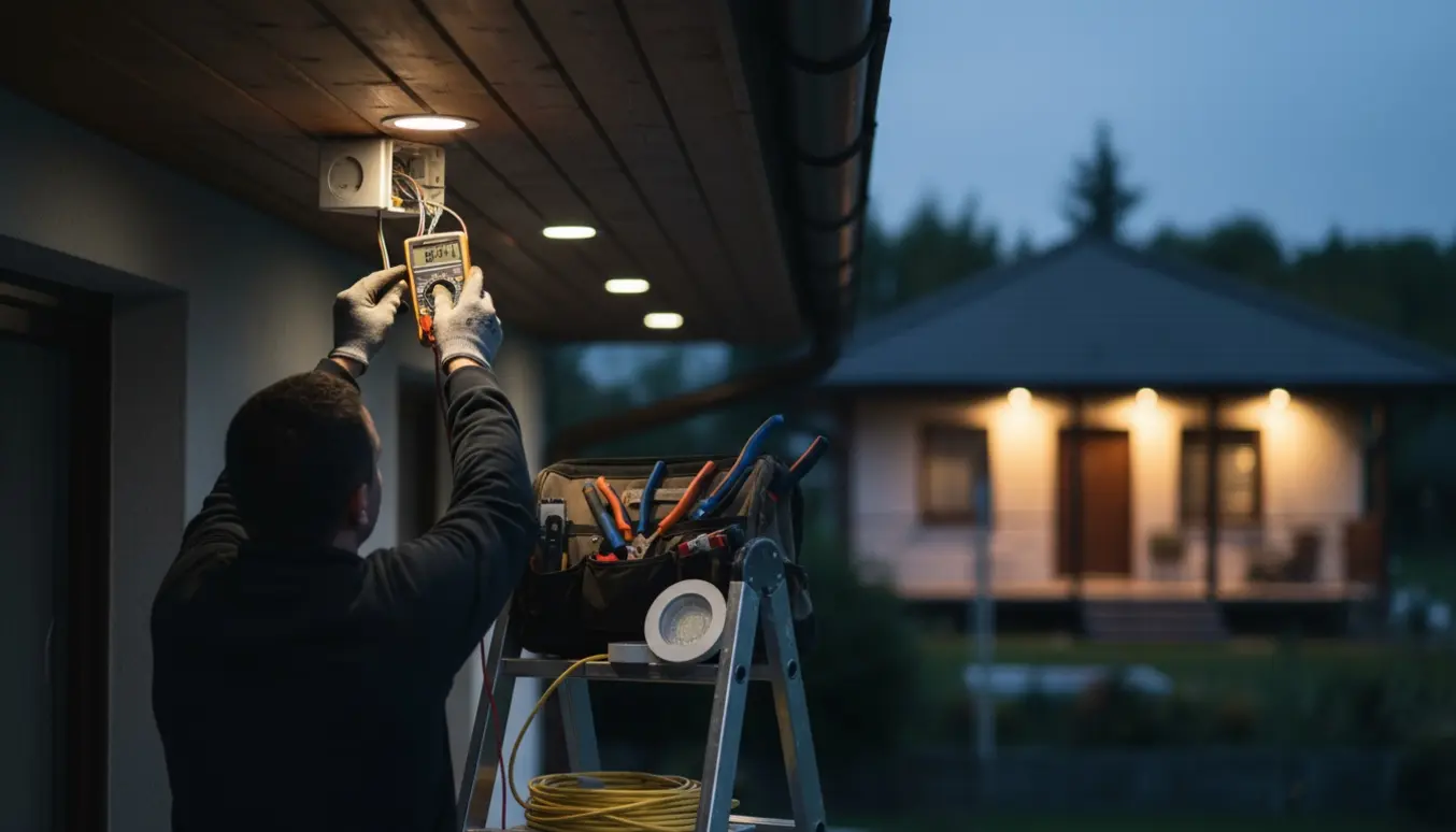 Elektriker på stige tester udhængsspots med multimeter mens nabobygningens spots er tændt.