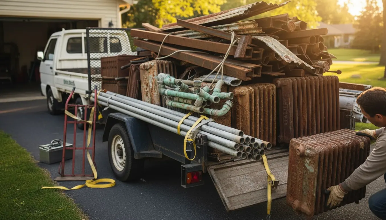Trailer med jernskrot og gamle VVS-rør, hvor hænder i arbejdshandsker løfter en radiator klar til afhentning.