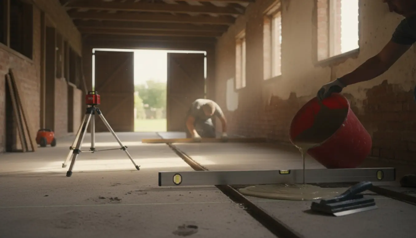 Indvendigt tidligere staldrum under gulvudjævning med værktøj og håndværker set bagfra.