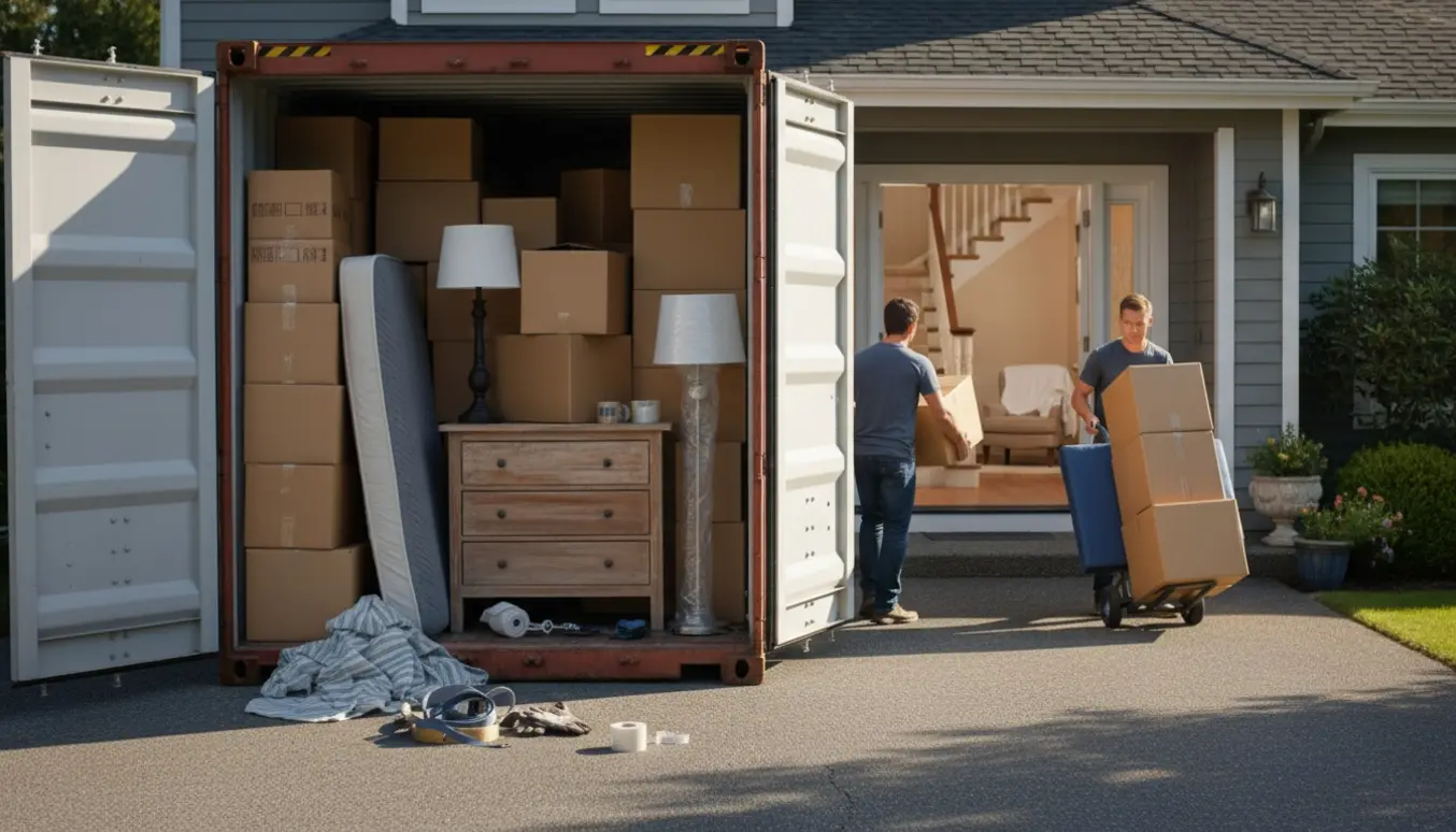 To flyttemænd bærer kasser og møbler fra en åben 20-fods container ind i et hus, ansigter ikke synlige.
