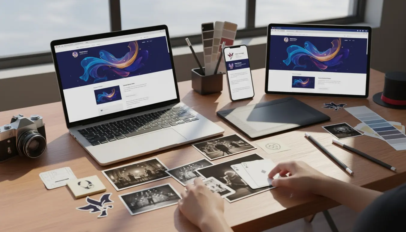 Arbejdssbord med bærbar og smartphone der viser annonce- og reklamemail-mockups til en tryllekunstnerkampagne.