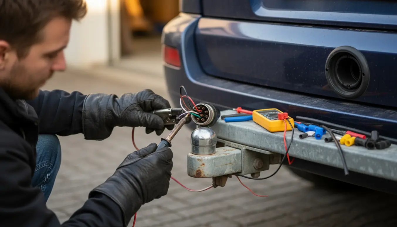 Nærbillede af hænder, der udskifter et multi-pin trailerstik ved bilens bagende med ledninger og værktøj.