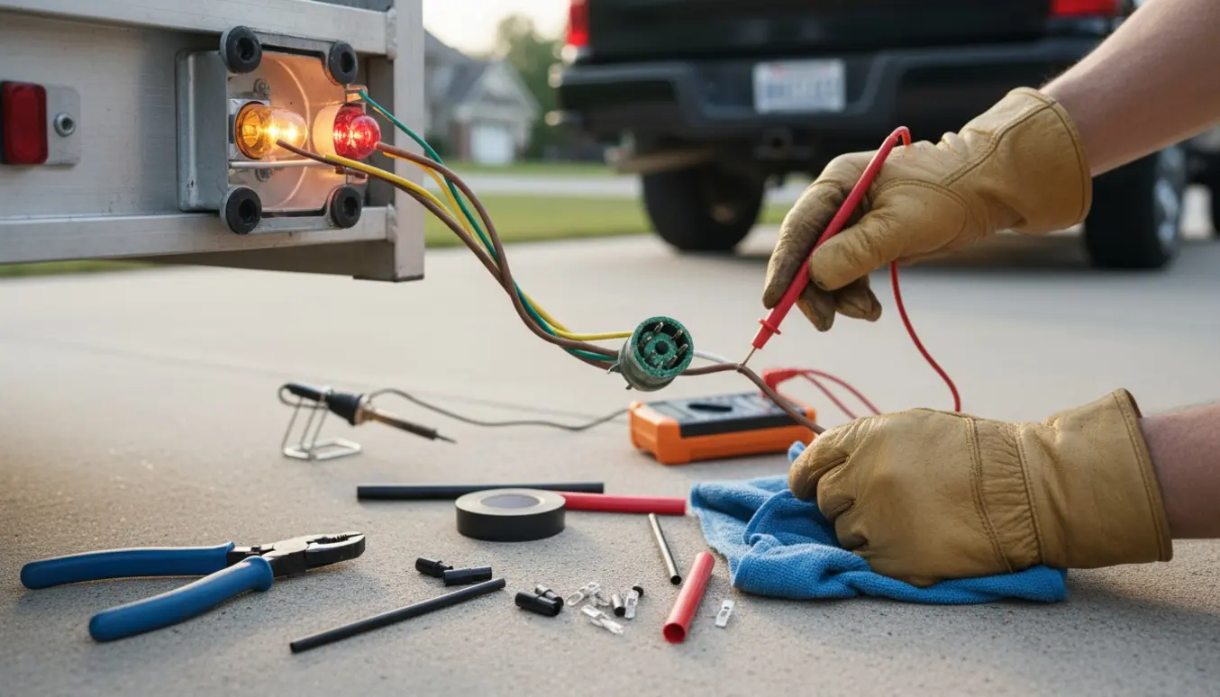 Hænder undersøger trailerens blottede baglyskabler ved en åben lygte med multimeter og værktøj.