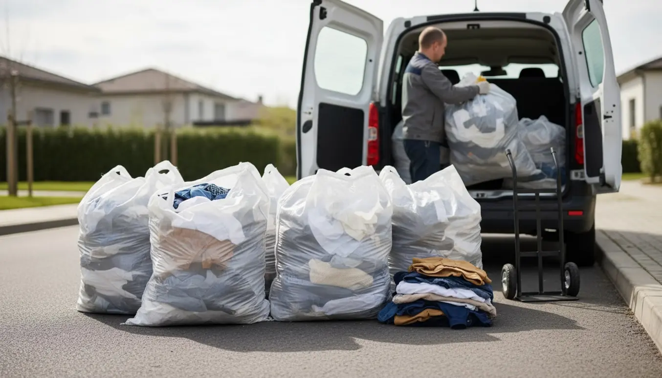 Fem store 125‑liters sække fyldt med tøj læsses ind i bagagerummet på en varevogn ved fortovet.