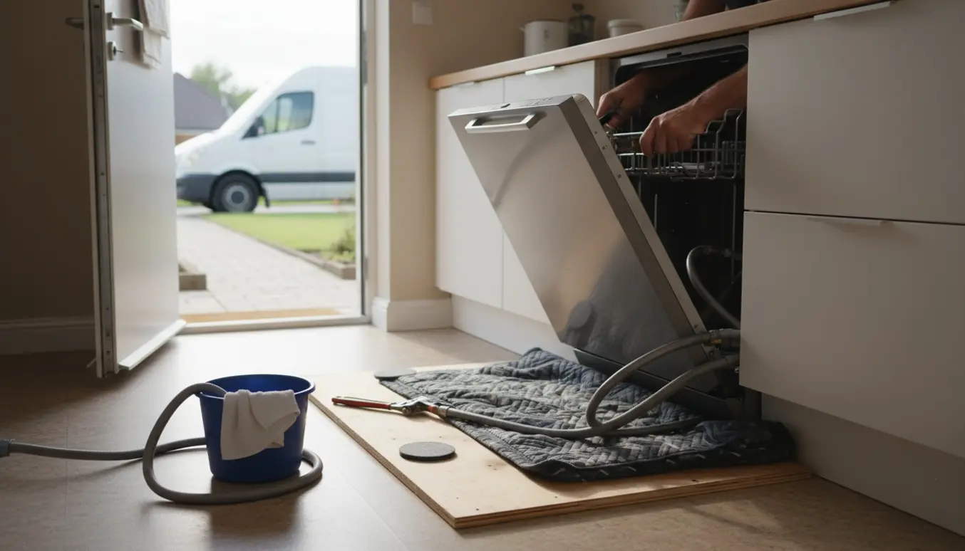 Afmontering af opvaskemaskine i stueetagekøkken med gulvbeskyttelse mod ridser og åben hoveddør mod forhave.