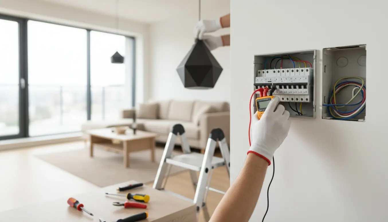 Elektriker tester eltavlen og hjælper med at montere en lampe i en lys, ny lejlighed.