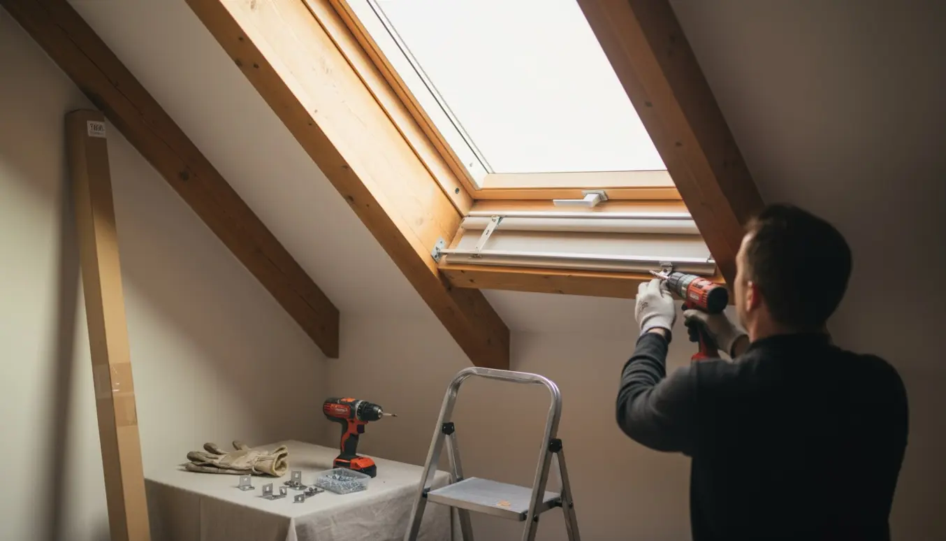 Nærbillede af montering af Velux-gardin i et soveværelse med skråt loft, værktøj og hænder i arbejde.