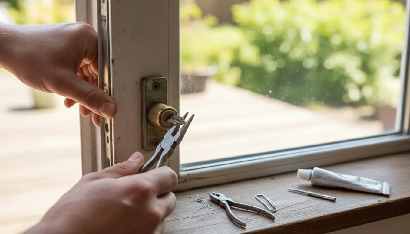 Nærbillede af hænder, der fjerner en knækket nøgle fra låsen på en terrassedør med små værktøjer.