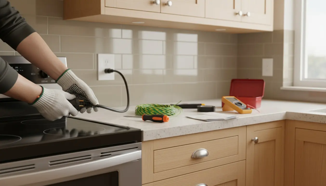 Nærbillede af hænder, der tilslutter komfurets stik i en vægstikdåse i et moderne køkken.