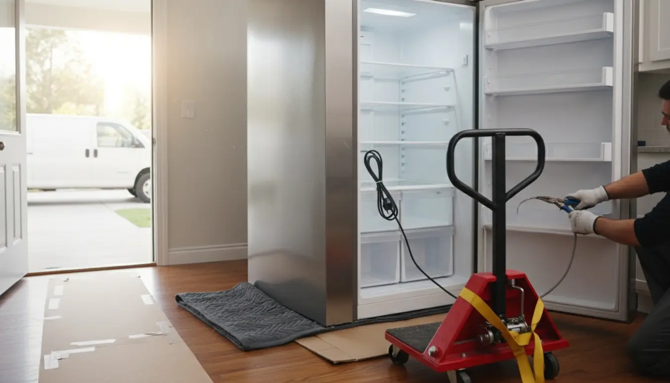 Stort rustfrit køleskab og fryser bliver afkoblet og pakket til afhentning i køkkenet.