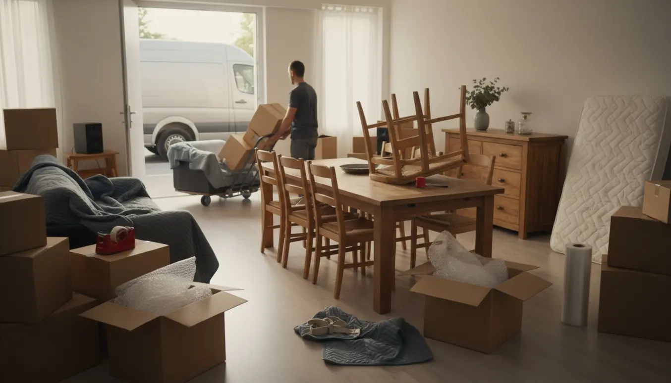Flyttescene i en lys stue med møbler og stablede flyttekasser klar til indlæsning.