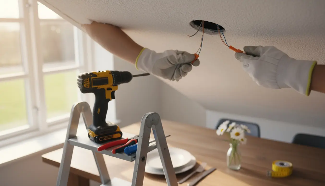 Nærbillede af hænder, der monterer en loftlampe i et hvidt gipsloft over et spisebord.