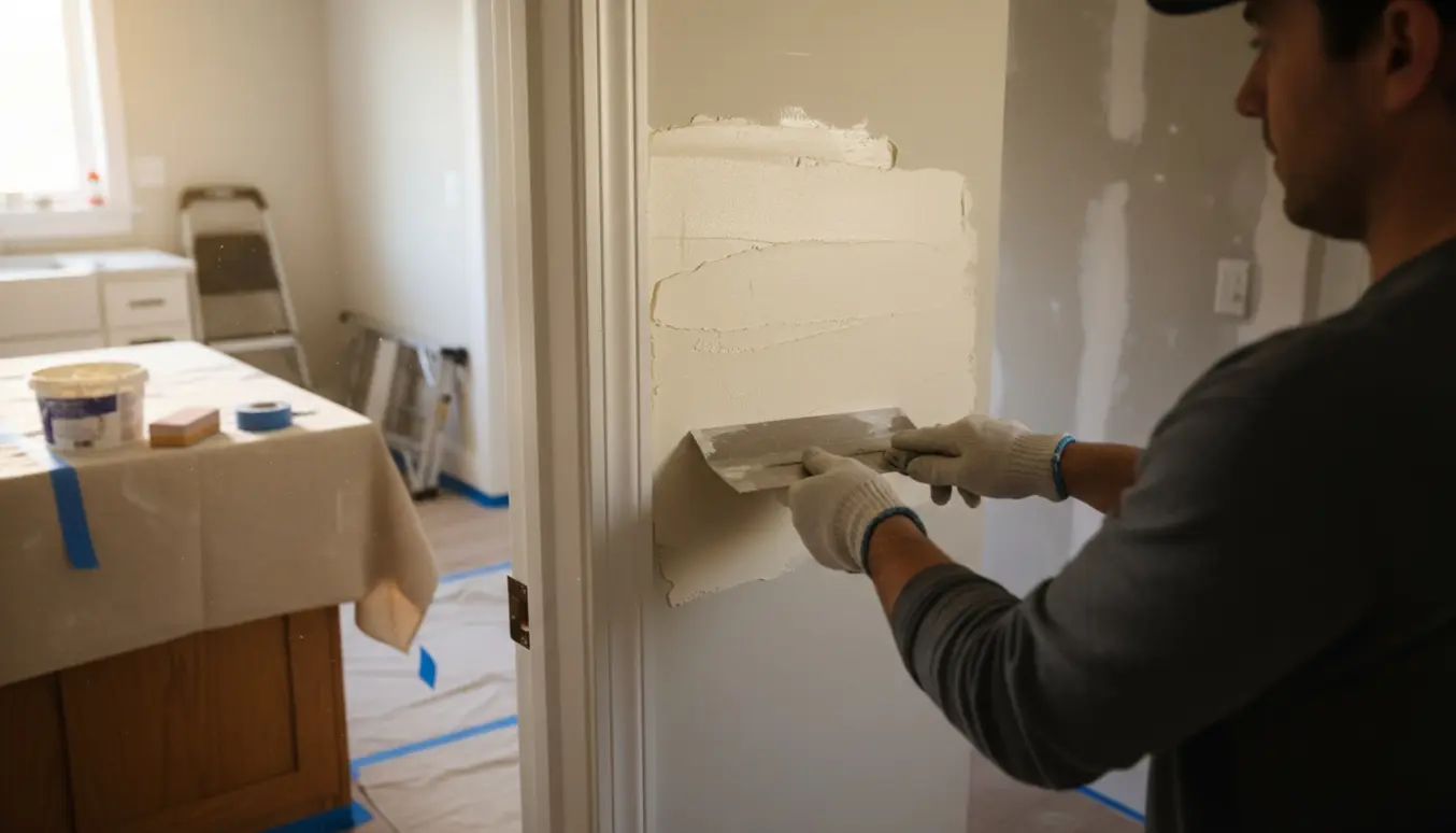 Hænder spartler en væg i døråbningen mellem køkken og gang, med spand, afdækningsdug og stige i baggrunden.