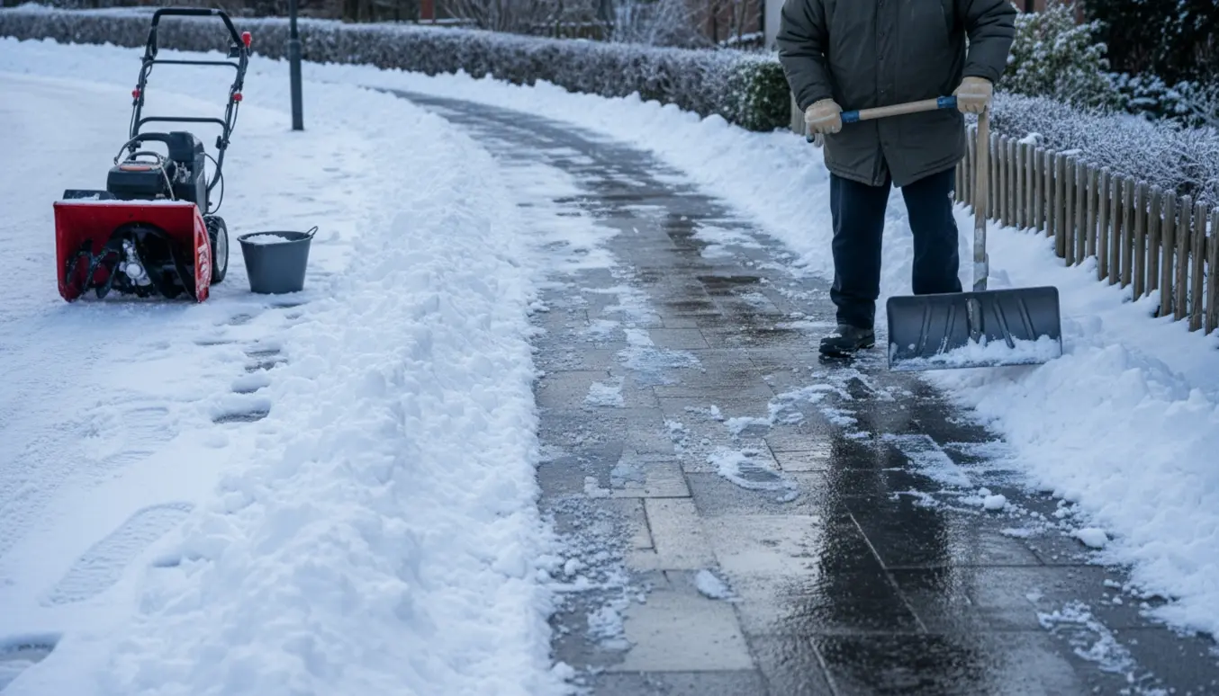 En snerydder rydder fortovet langs en hjørnegrund på en frostklar vintermorgen.