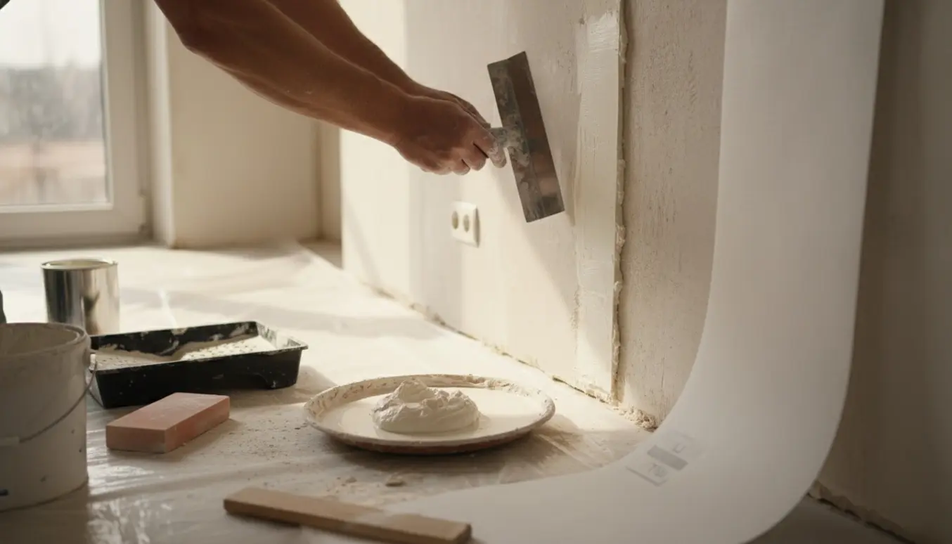 Væg bliver spartlet og får opsat filt, med værktøj og malerudstyr på et dækket gulv.