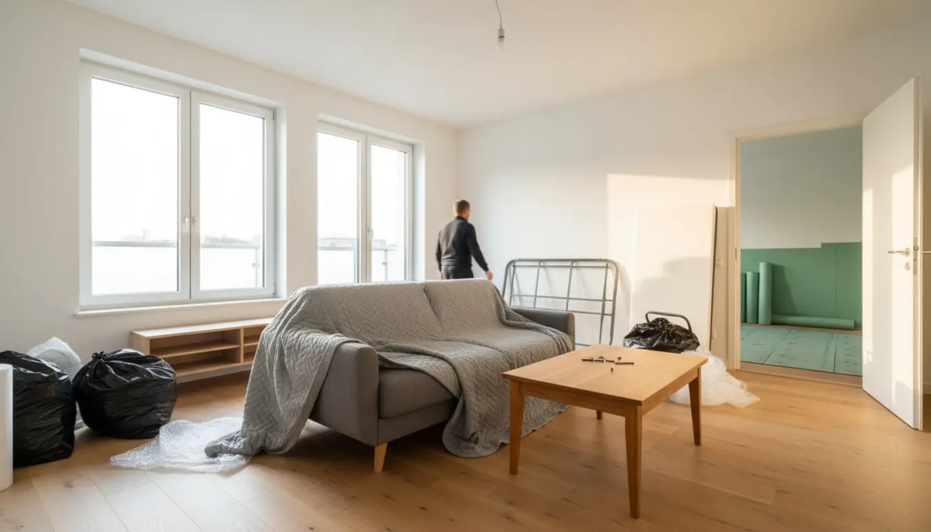 Møbler samlet i en solfyldt 5. sals lejlighed klar til afhentning, med sofa, seng, sofabord og kig til et lille kælderrum med udlagt undergulv.