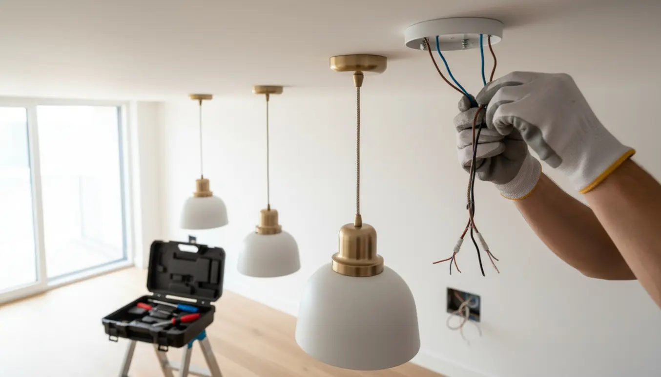 Nærbillede af hænder, der tilslutter ledninger i en loftroset med tre lampepunkter, hvor ét punkt viser korrespondance.