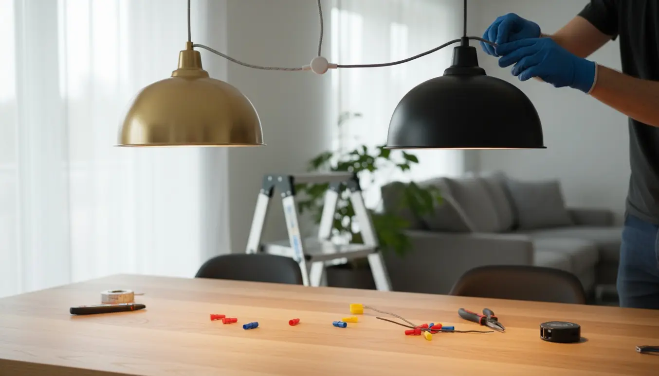To pendellamper over et spisebord med synlig sammenkobling, så kun ét kabel går til loftudtaget.