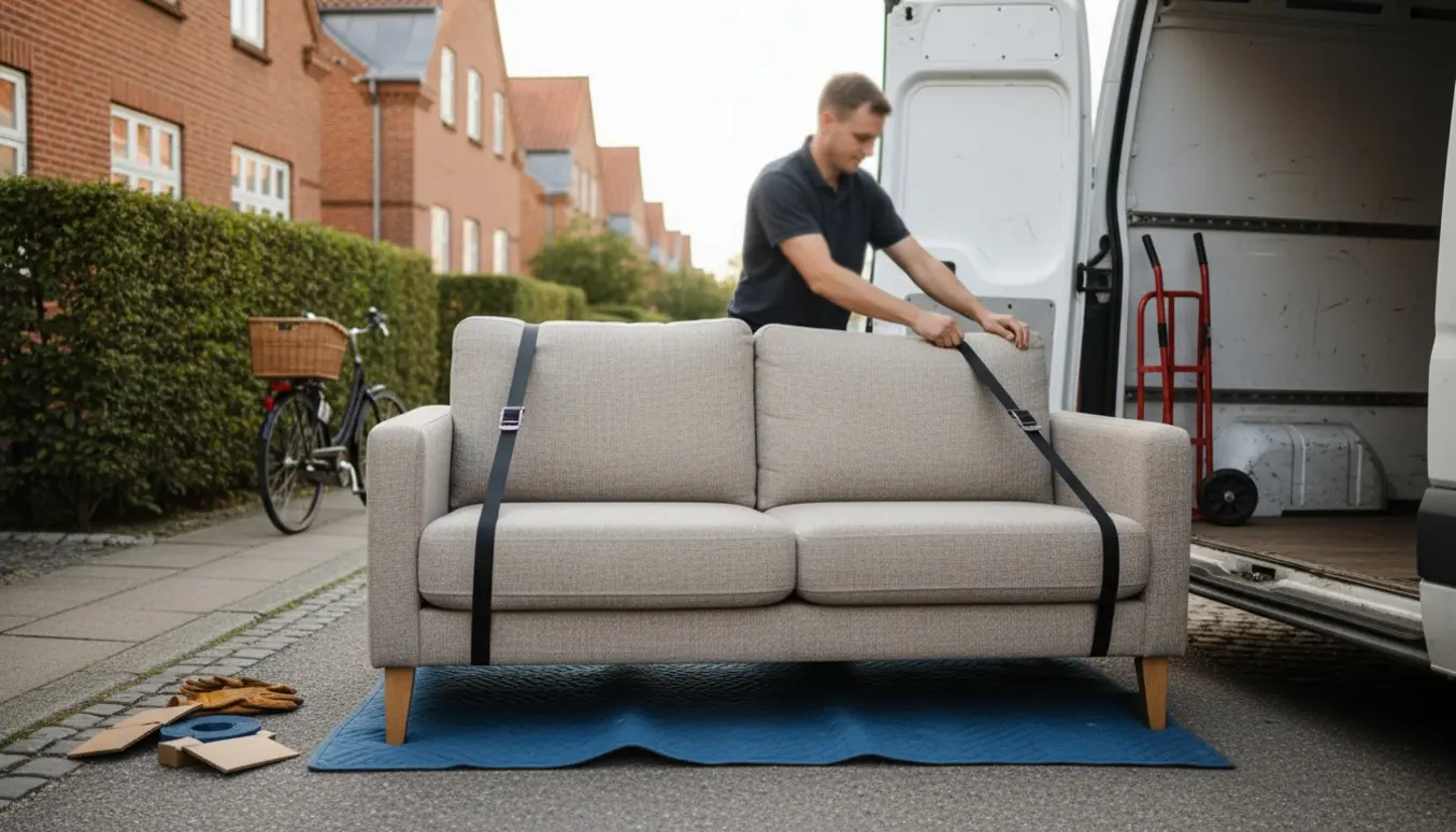 Let topersoners sofa læsses ind i en flyttebil på en rolig dansk villavej.