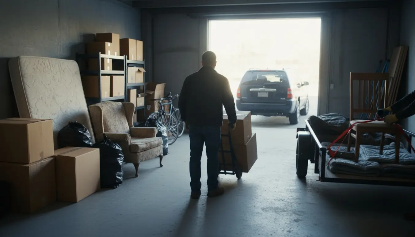 En person skubber en tralle med kasser ud af et kælderrum mod en ventende trailer.