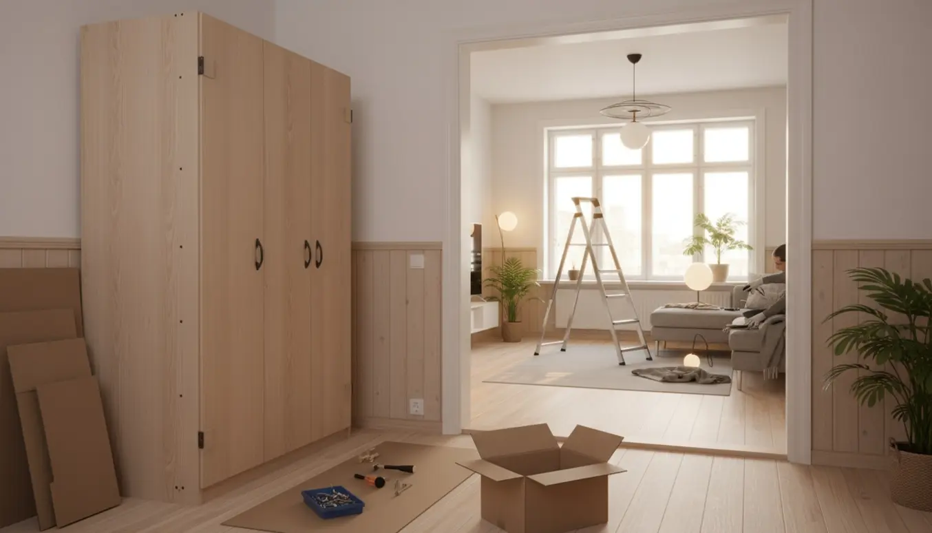 Hænder samler et fladt pakket klædeskab i et værelse, mens en trappestige bruges til at skifte lampe i stuen.