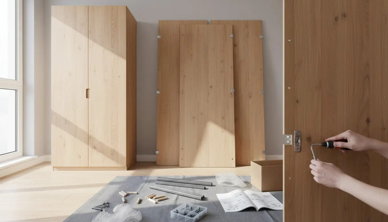 To høje garderobeskabe (117 x 190 cm) samles i en lys stue, ét færdigt og ét under montering med værktøj og dele på gulvet.