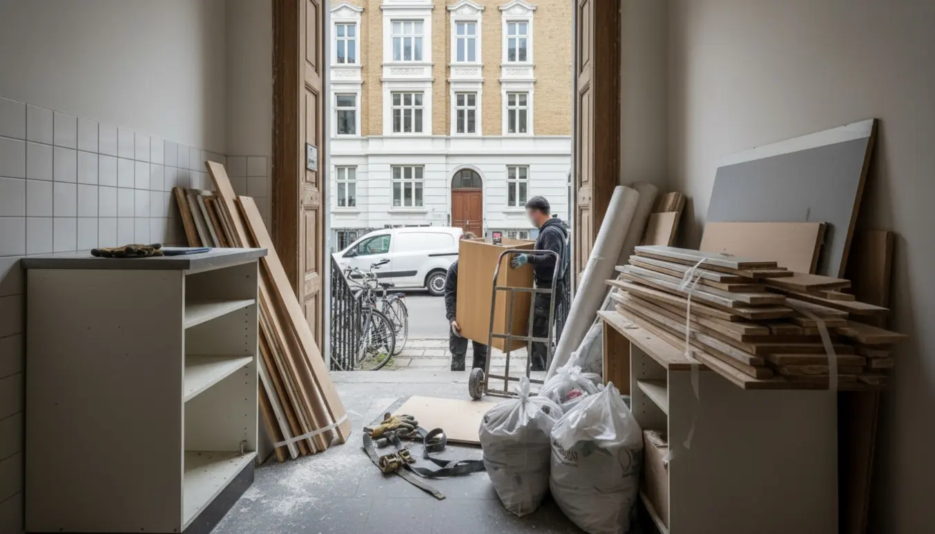 Byggeaffald stablet ved en Nørrebro-lejlighedsdør, klar til afhentning.