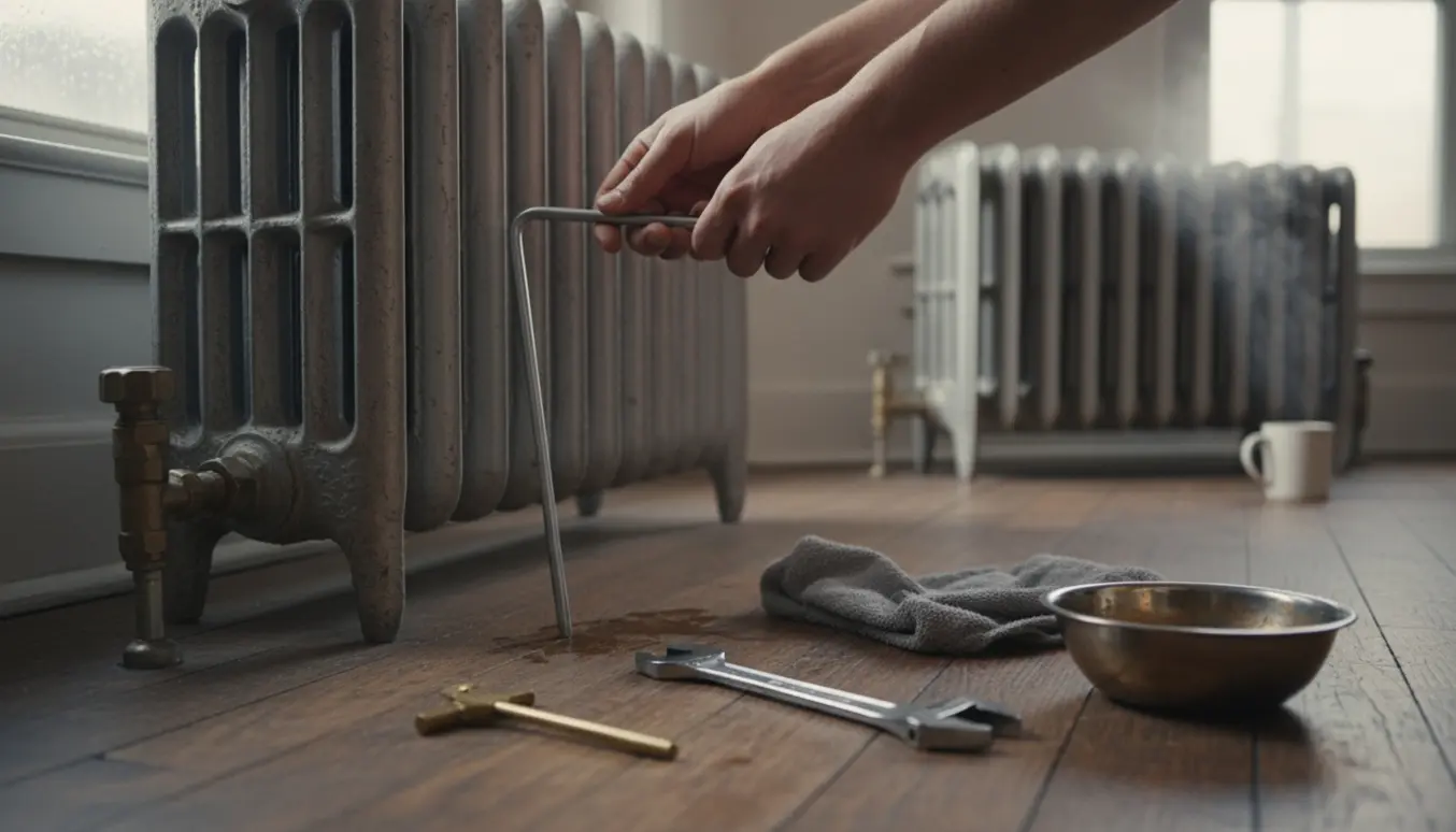 Hænder med værktøj lufter og tjekker radiatorventiler i en lejlighed, med en bøjet ventilstift og en svagt varm radiator i baggrunden.