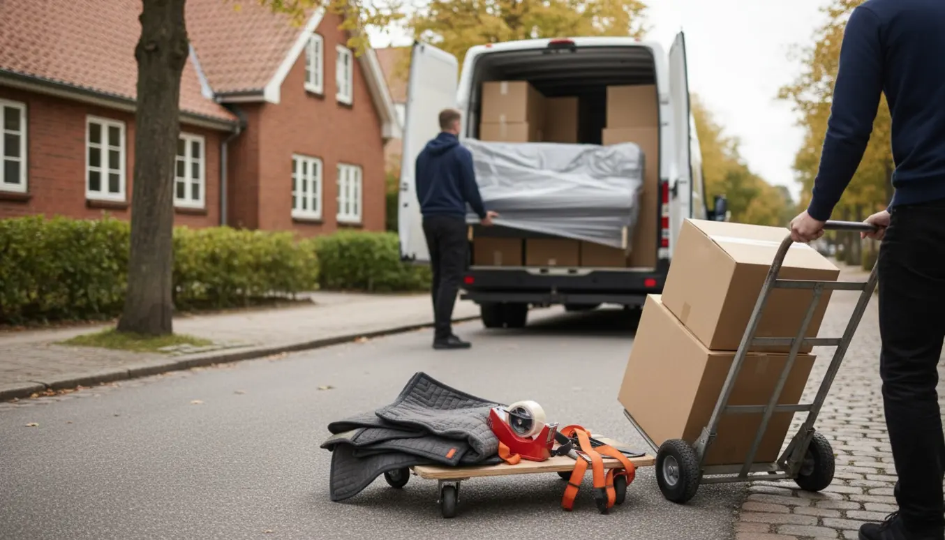 Umarkerede flyttekasser og indpakkede møbler ved en åben flyttebil foran en bolig i Risskov.