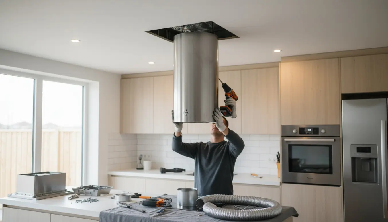 Montering af en loftemhætte i et moderne køkken med udskæring i loftet, værktøj og hænder i arbejde.