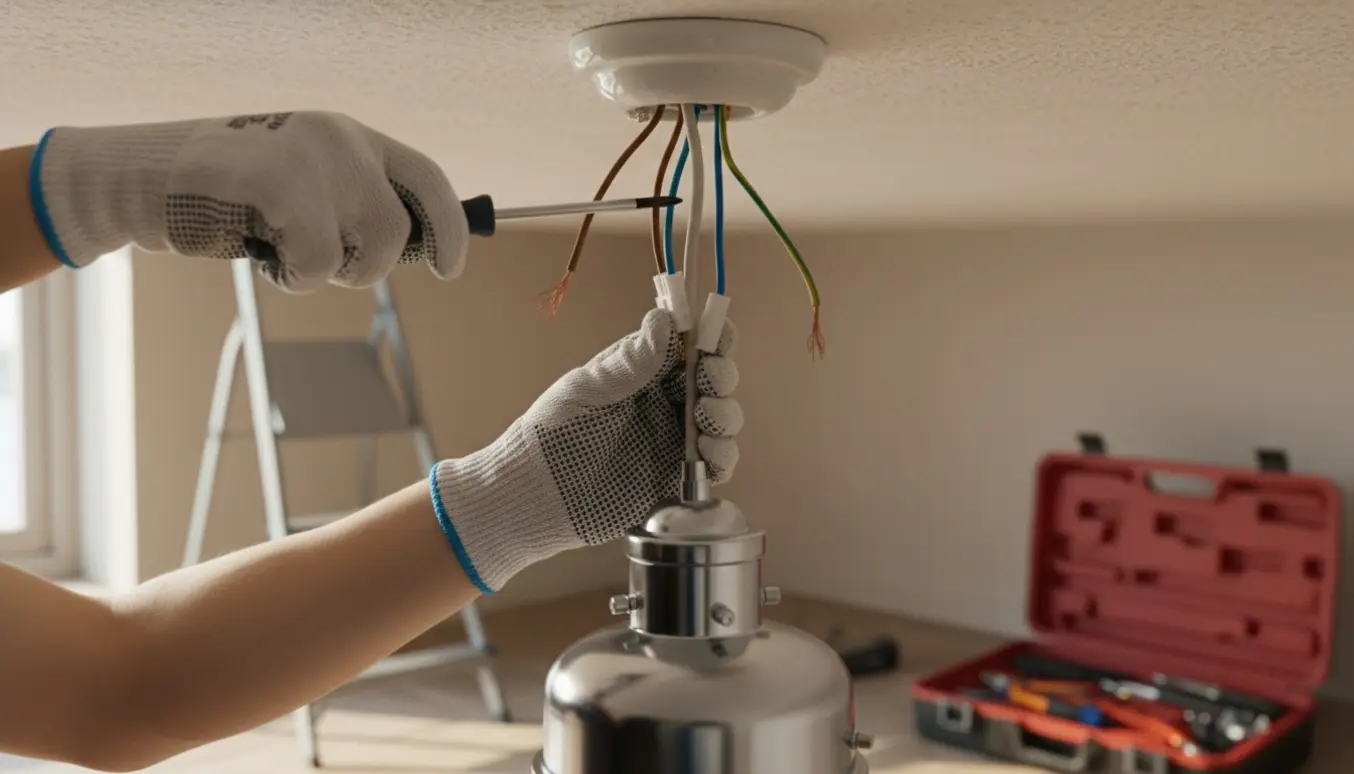 Nærbillede af hænder, der tilslutter en pendel i et loftsudtag med værktøj og stige i baggrunden.