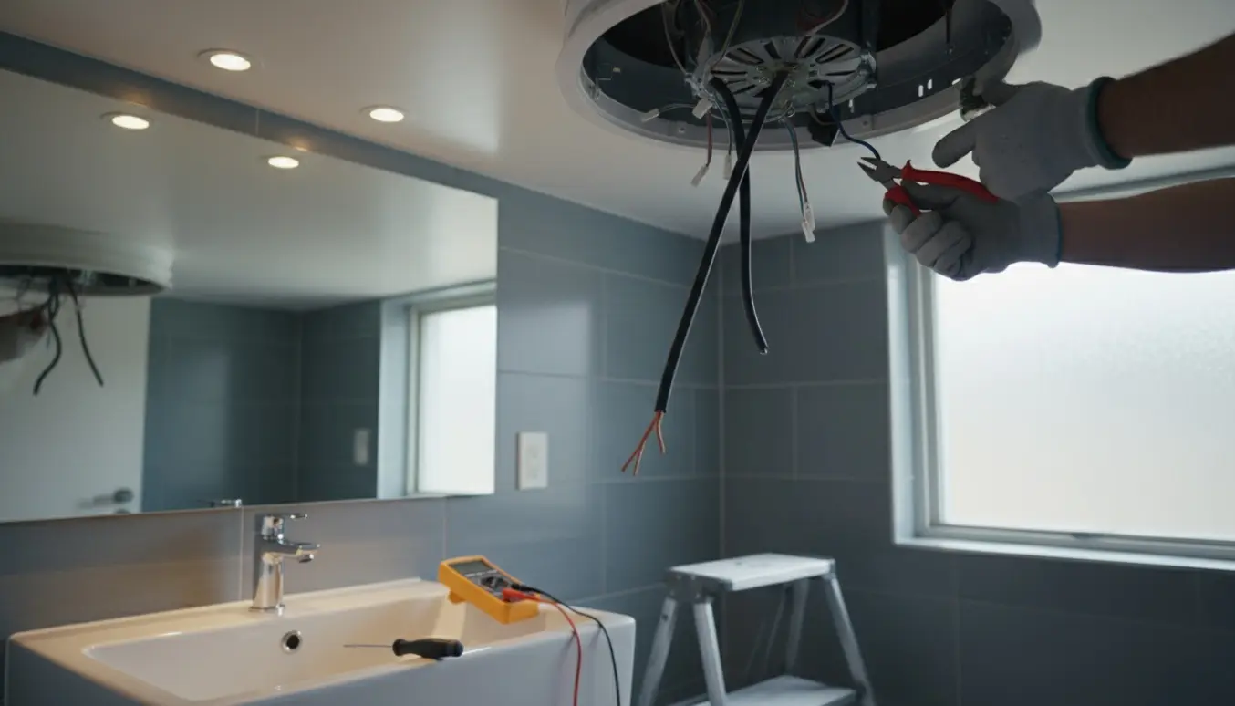 En person på en skammel afmonterer badeværelsesventilation med synlige ledninger og tænger, ansigt ikke synligt.