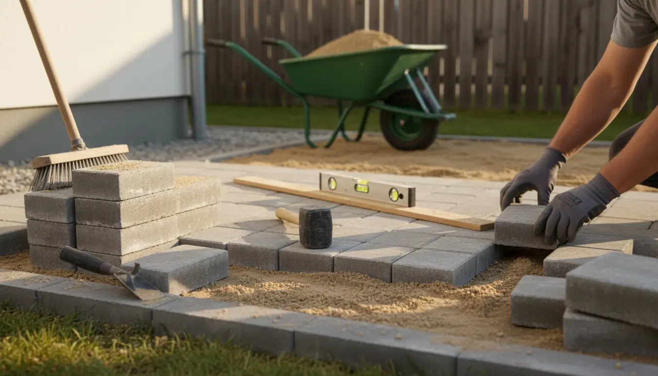 Hænder lægger rektangulær flise på sandlag i et lille 6 m² område bag huset.