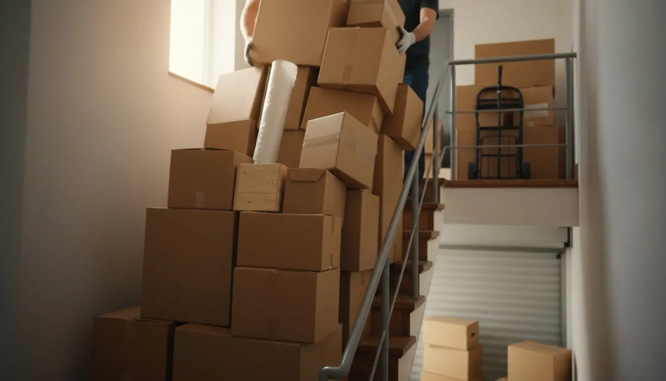 Flyttefolk bærer og stabler mange flyttekasser ned ad en trappe mod et nærliggende opbevaringsrum.
