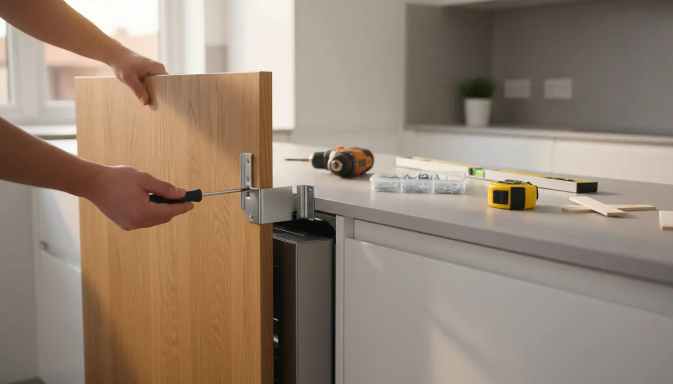 Nærbillede af montering af en træfront på en indbygget opvaskemaskine med beslag og værktøj.