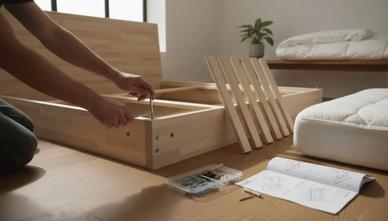 Delvist samlet seng i lyst soveværelse med værktøj og sengeelementer spredt omkring.