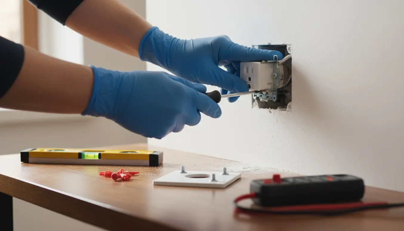 Nærbillede af hænder, der med en skruetrækker sætter en stikkontakt i væggen.