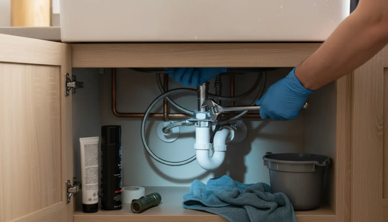 Hænder bruger værktøj under en vask for at løsne et fast armatur i et trangt underskab.