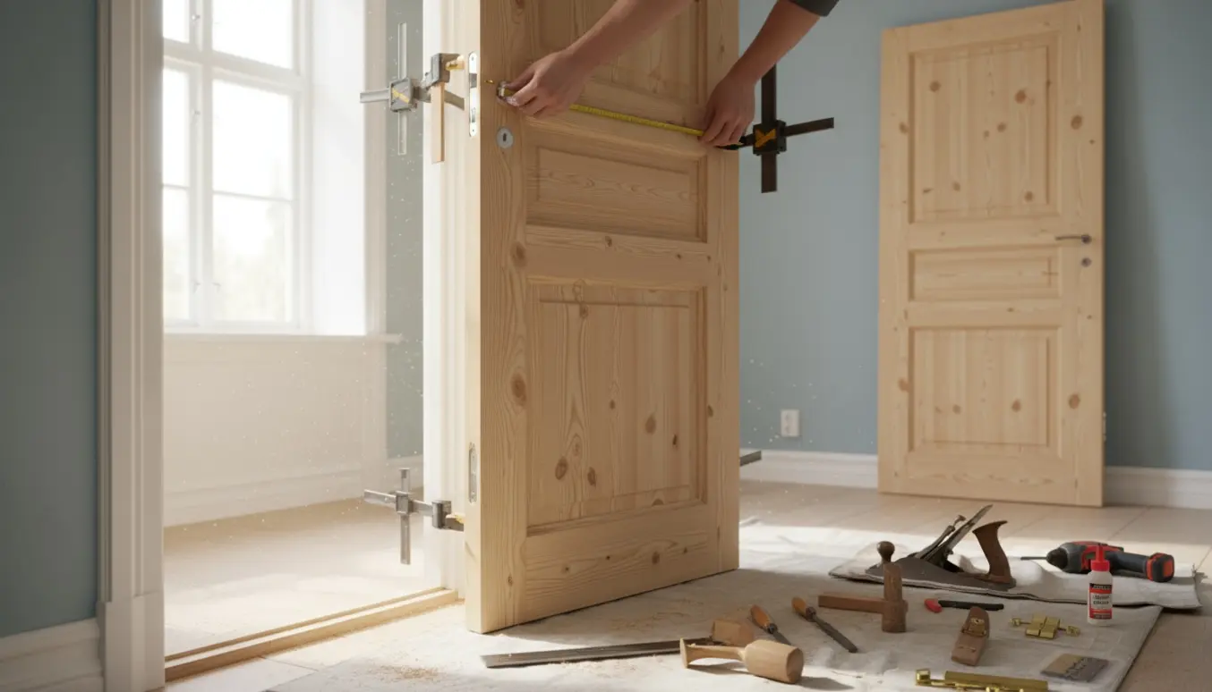 Snedker måler og tilpasser en fyldningsdør i fyrretræ, med gamle dørgreb og børstede messinghængsler ved siden af.