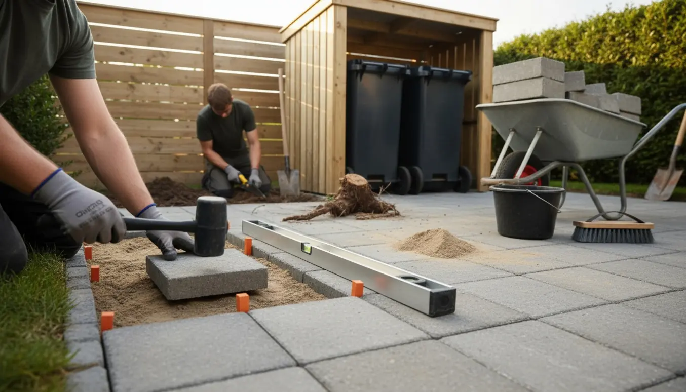 Halvfærdigt fliseareal med tre skraldespande i en træskraldeskjuler, en arbejdshånd der lægger fliser, og en rod der fjernes.