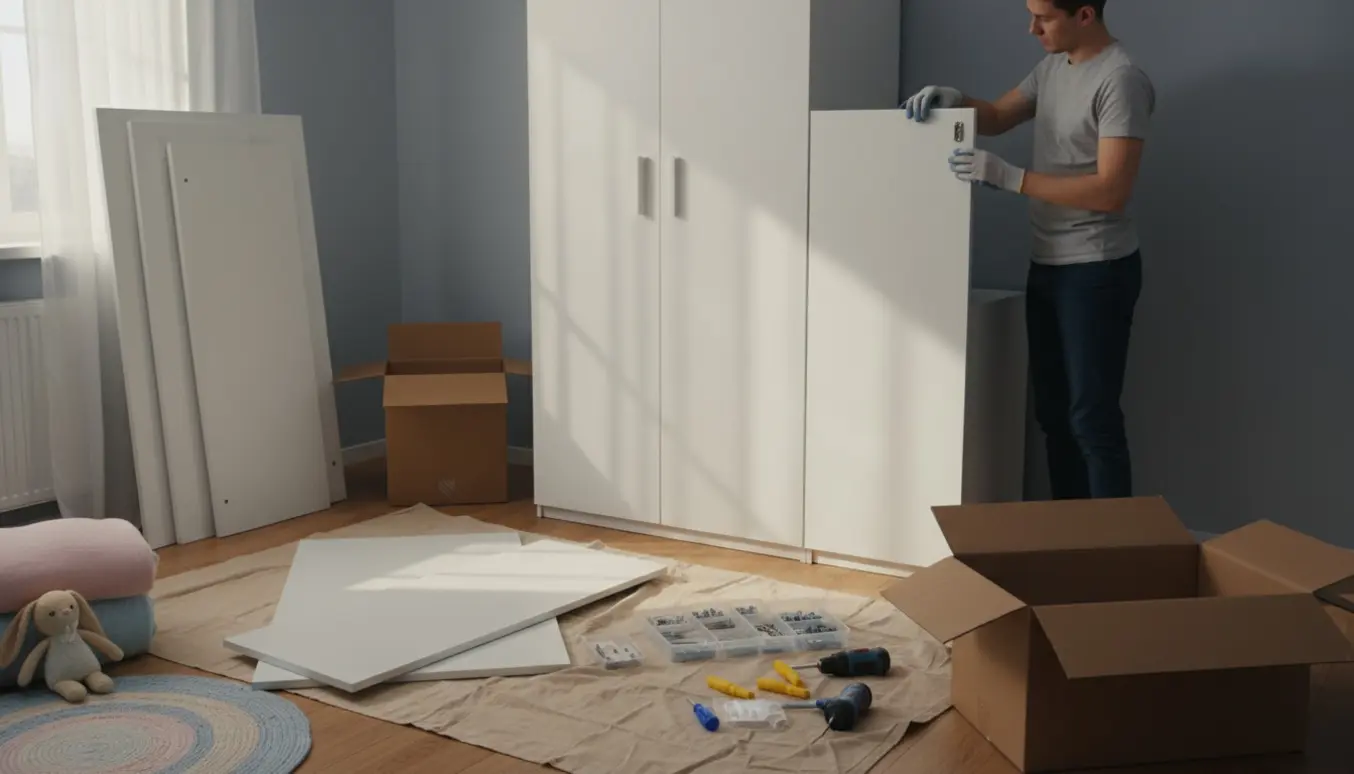 Et børneværelse med et fladtpakket klædeskab under samling mod en grå væg, med åbnede kasser og værktøj på et lagen.