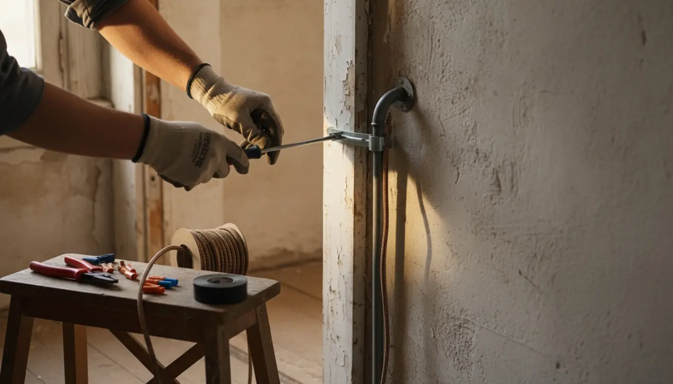 Hænder fastgør en stofbelagt elkabel i et jernrør, der føres op og over en døråbning.