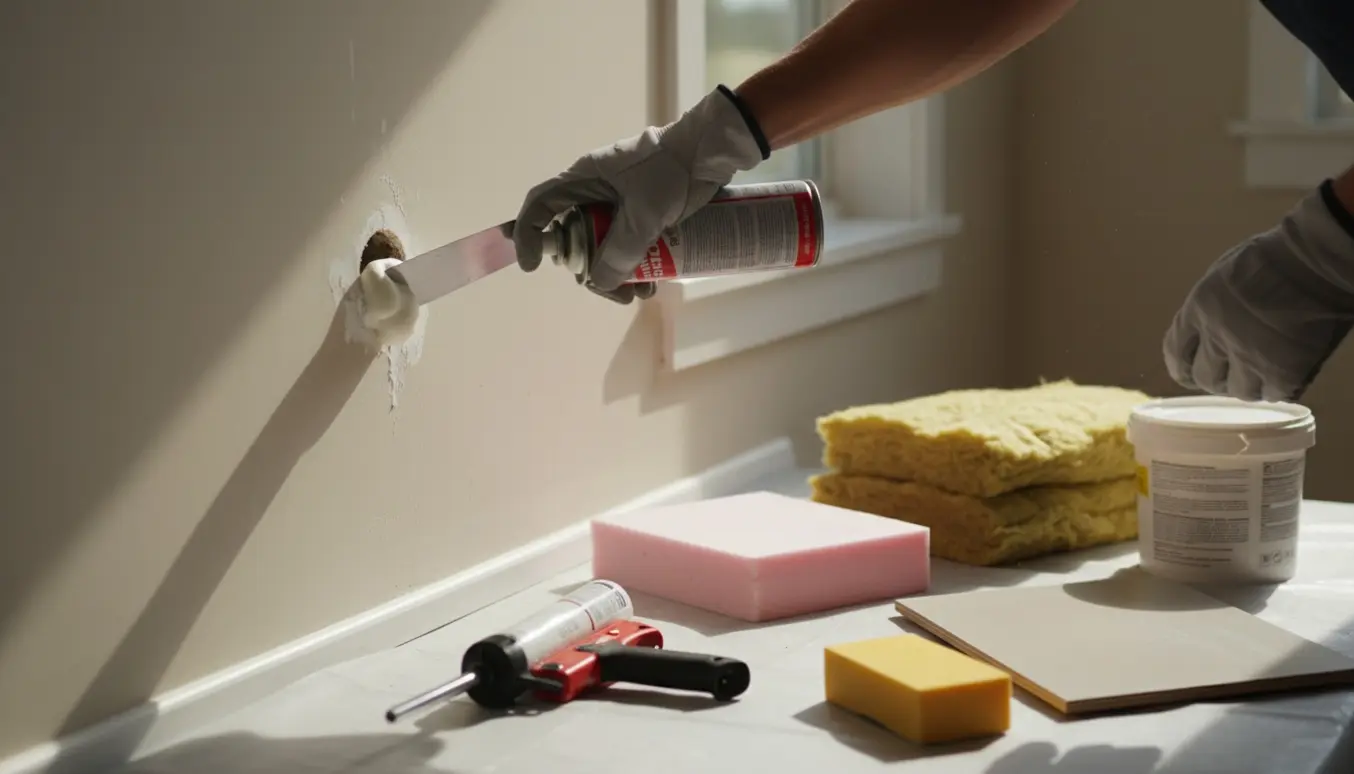 Hænder isolerer og efterbehandler et lille hul i en væg med værktøj og et pænt lappet resultat.