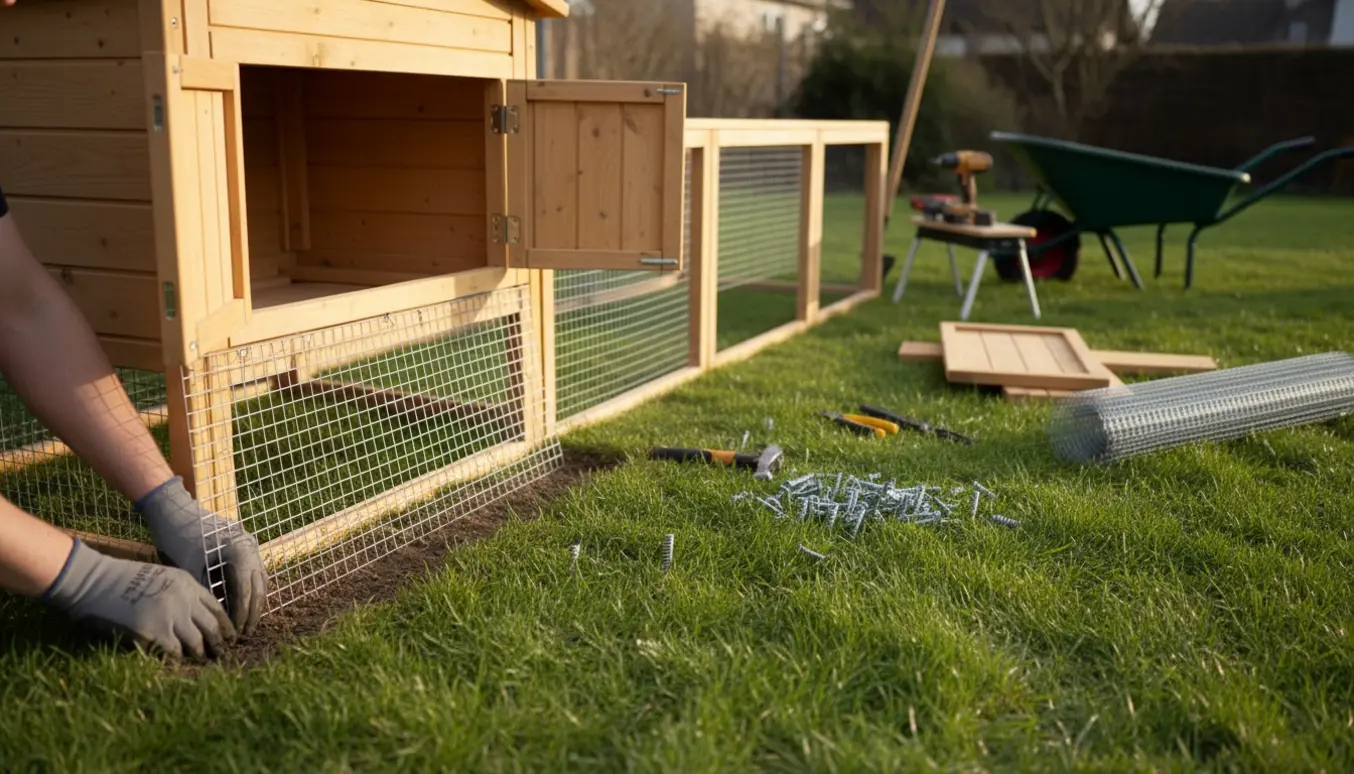 Halvfærdigt kaninbur med løbegård i haven, hvor handskevotter lægger trådnet i græsset for at sikre bunden.