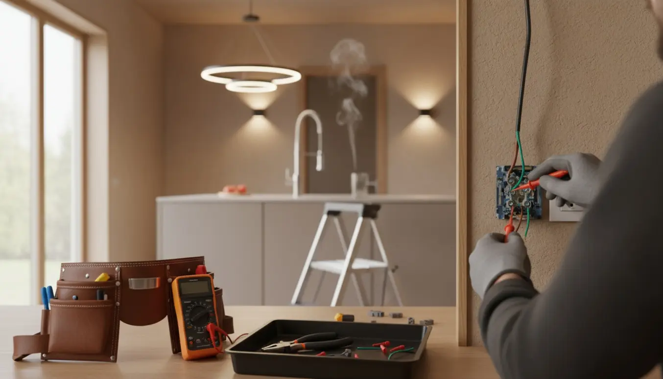 Elektriker arbejder med ledninger og kontakter ved en lampe, mens en Quooker ses i baggrunden.