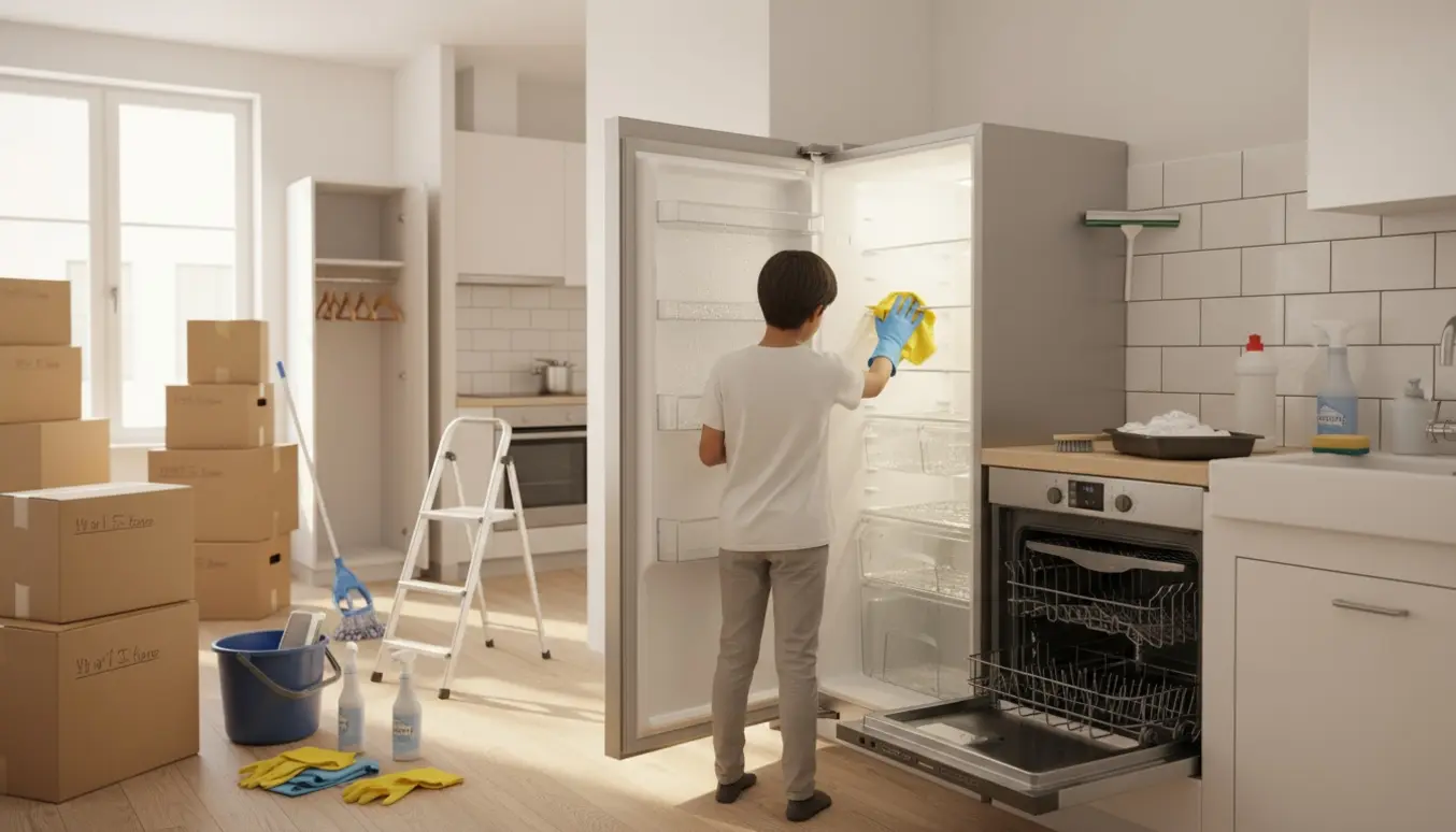 Flytterengøring i en lille lejlighed med åben ovn, rengjort køleskab og rengøringsudstyr ved flyttekasser.