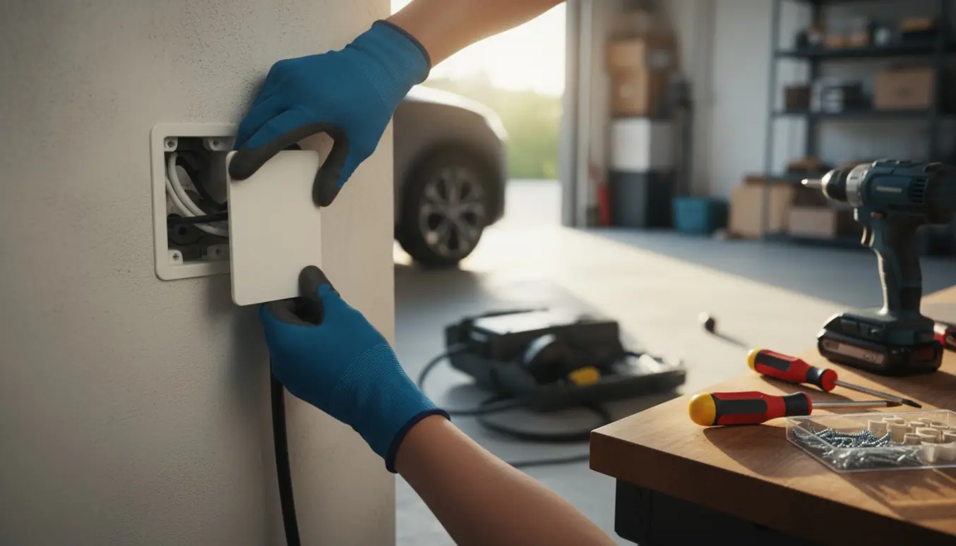 Hænder monterer en blindboks på garagevæg efter afmontering af ladeboks til elbil.