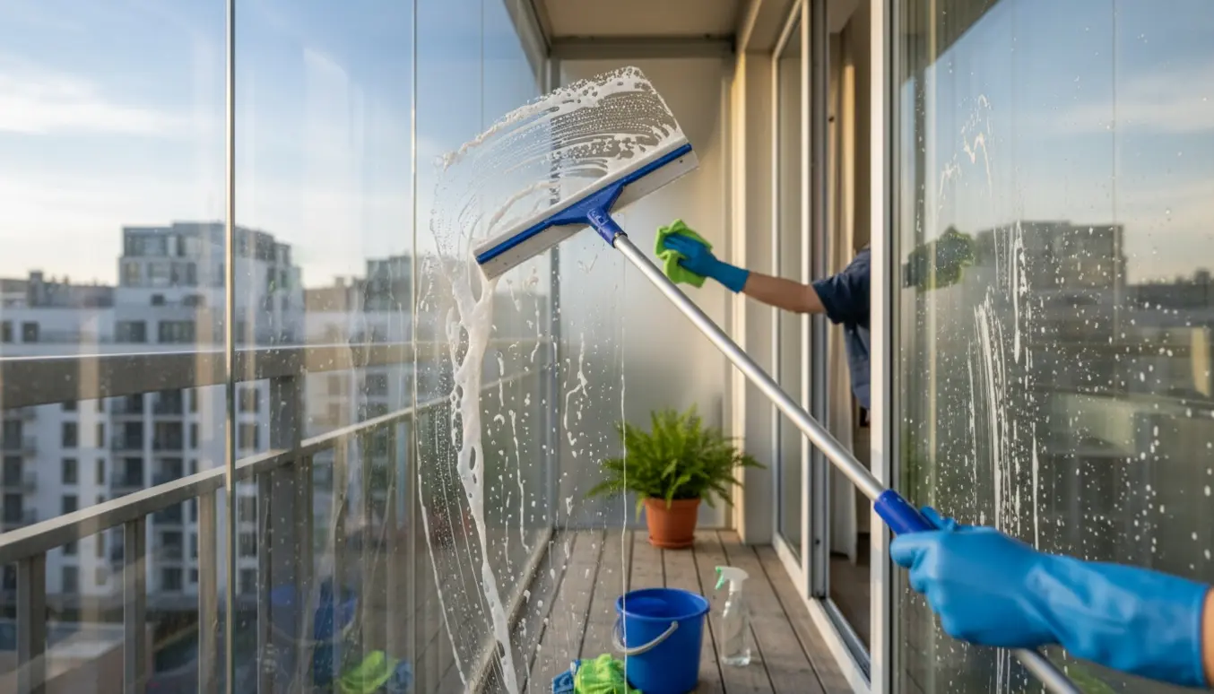 Hænder pudser fem glas på en altan med skraber, spand og microfiberklud i naturligt lys.