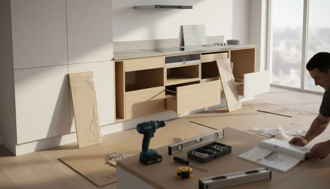 Delvist monteret skandinavisk køkken med ni elementer, to højskabe, kogeplade med indbygget emhætte og værktøj i forgrunden.